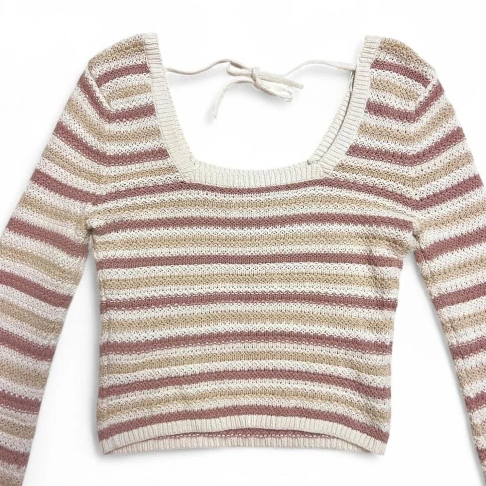 Hollister Crochet Sweater Striped Long‎ Sleeve Top Sz M Cropped Open Back Preppy